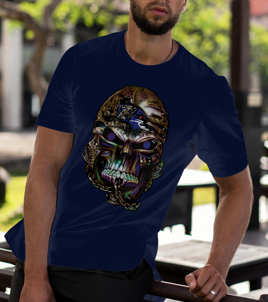 Baltimore Ravens 70 Skull Design With Ravens Logo And Metallic Elements T-Shirt