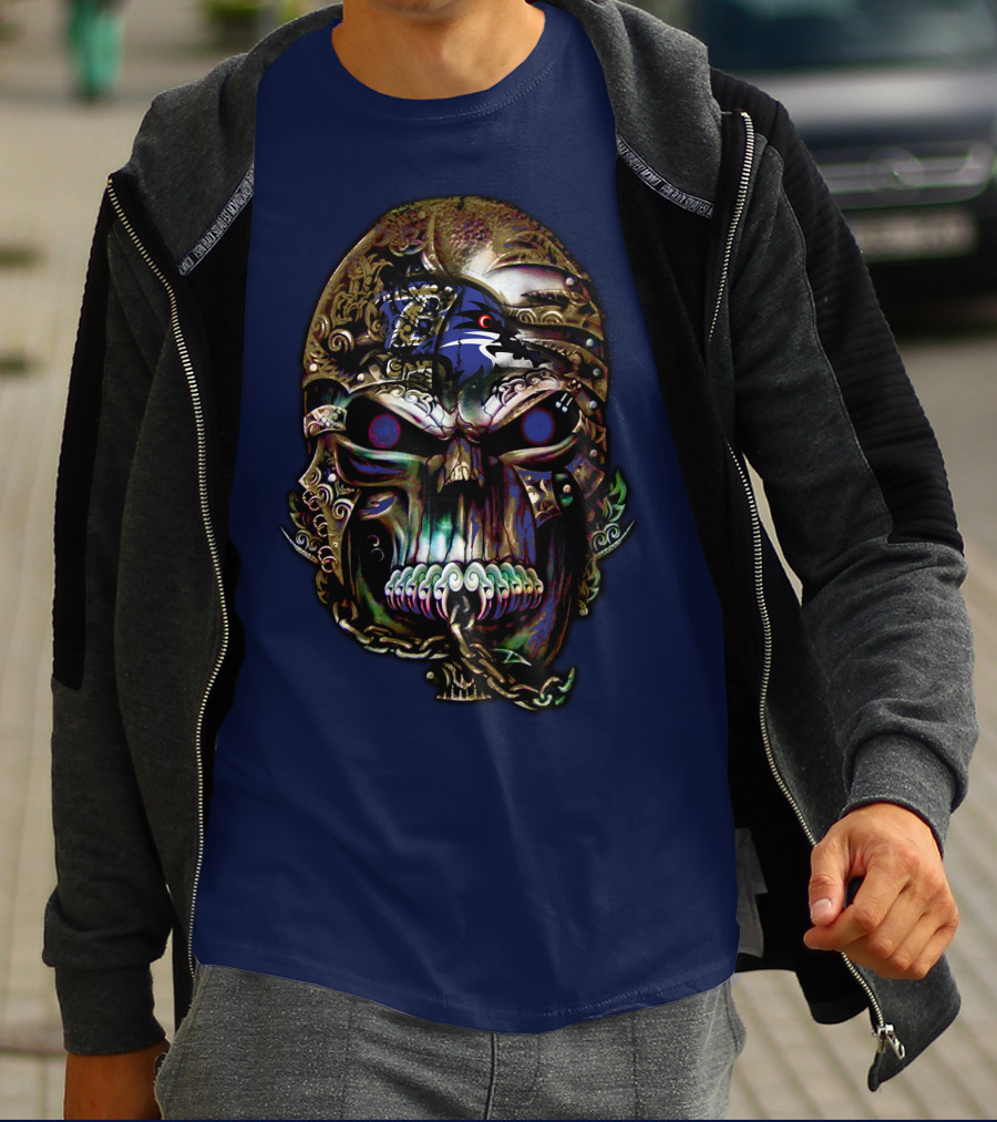 Baltimore Ravens 70 Skull Design With Ravens Logo And Metallic Elements T-Shirt