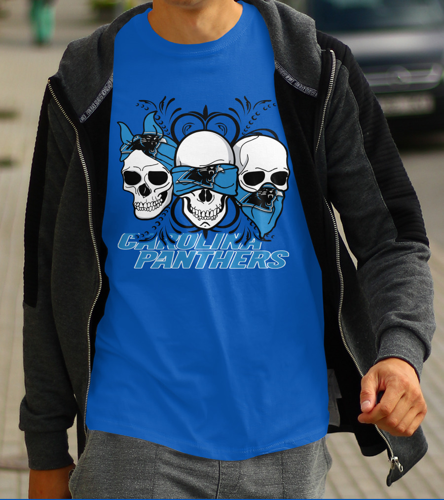 3 Skull CAROLINA PANTHERS Blindfolded Bandana T-Shirt