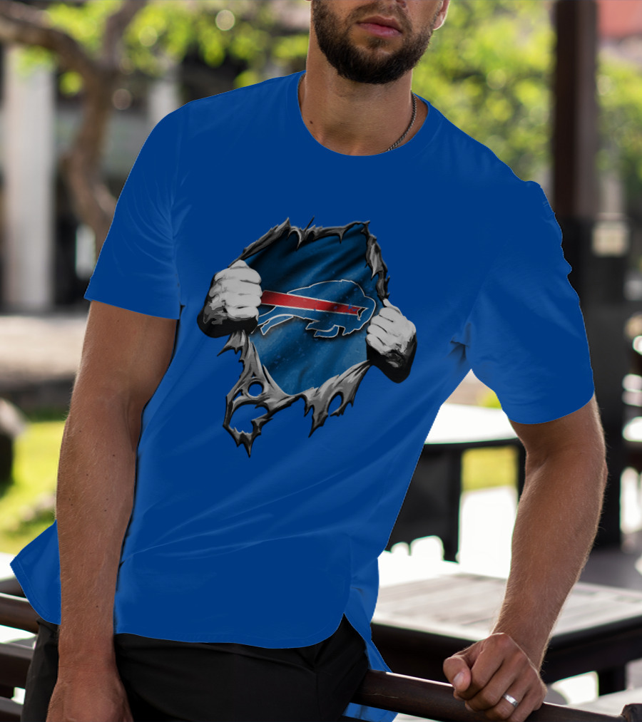 Torn Buffalo Bills Ripped Logo Hands Blue Background T-Shirt