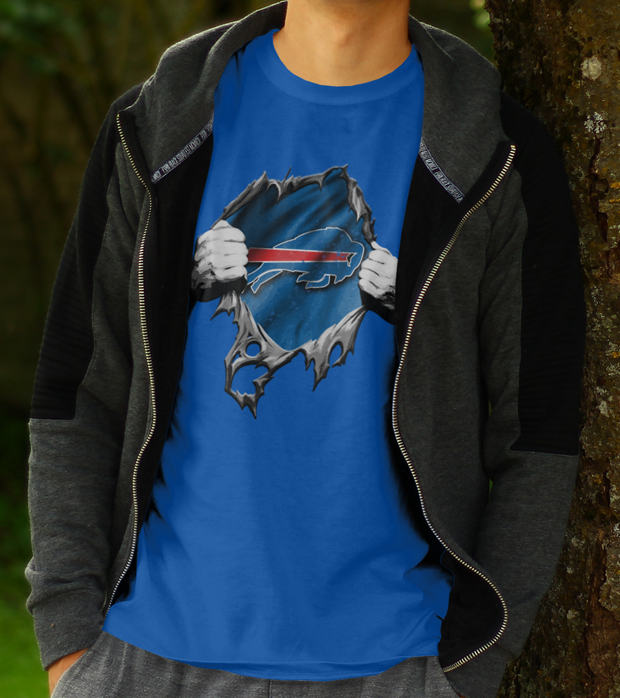 Torn Buffalo Bills Ripped Logo Hands Blue Background T-Shirt