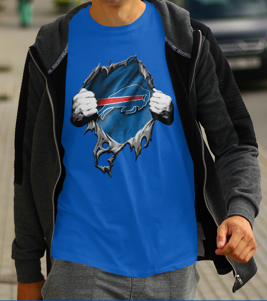 Torn Buffalo Bills Ripped Logo Hands Blue Background T-Shirt