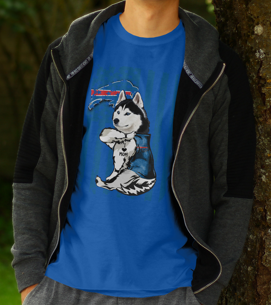 Siberian Husky Wearing Blue Buffalo Bills Vest With Heart Mom Tattoo And Flag T-Shirt