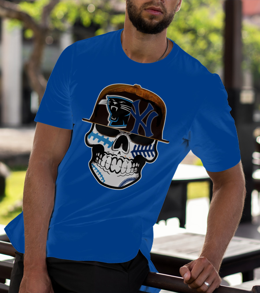 Carolina Panthers New York Yankees Skull Hat T-Shirt