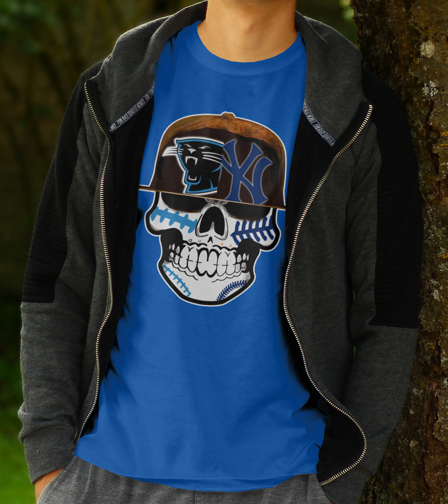 Carolina Panthers New York Yankees Skull Hat T-Shirt