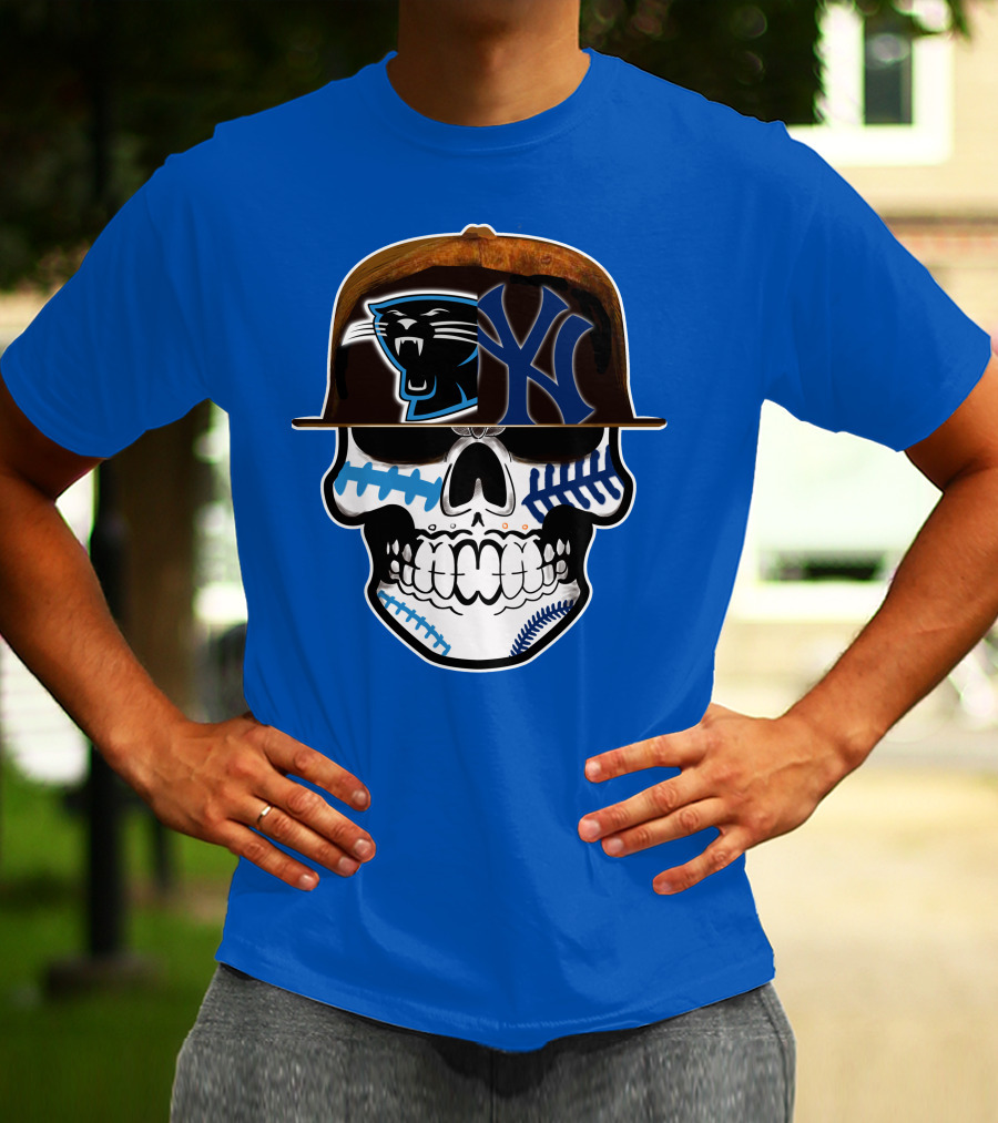 Carolina Panthers New York Yankees Skull Hat T-Shirt