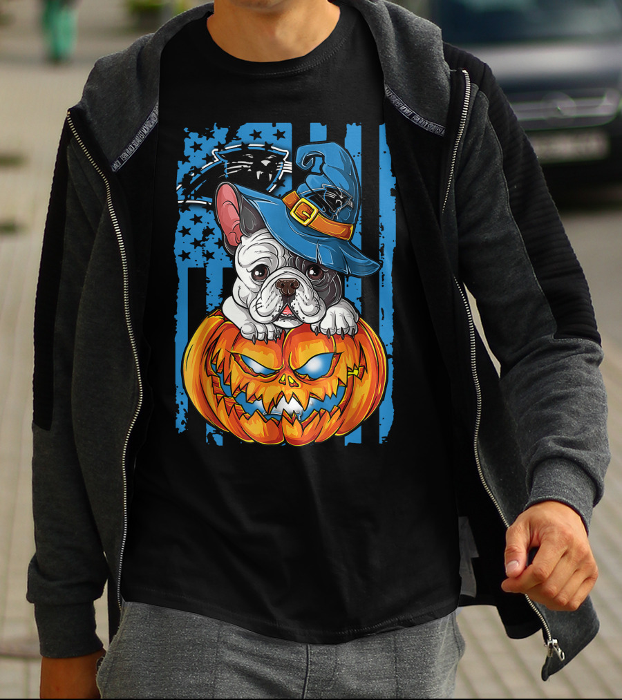 Bulldog Halloween Pumpkin Outfit Carolina Panthers Fan Style T-Shirt
