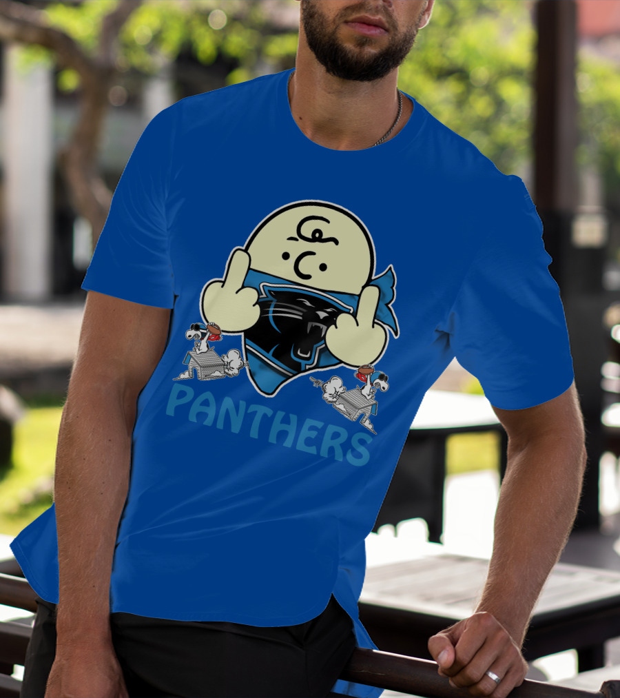Carolina Panthers Bold Cartoon Character With Snoopy Imagery Middle Finger Salute T-Shirt