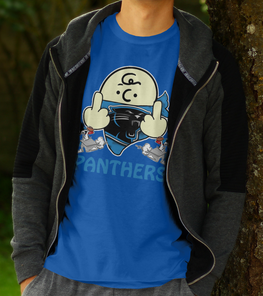 Carolina Panthers Bold Cartoon Character With Snoopy Imagery Middle Finger Salute T-Shirt
