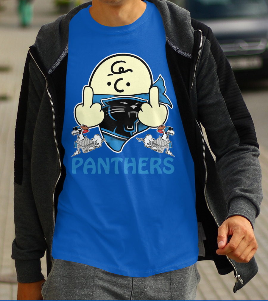 Carolina Panthers Bold Cartoon Character With Snoopy Imagery Middle Finger Salute T-Shirt