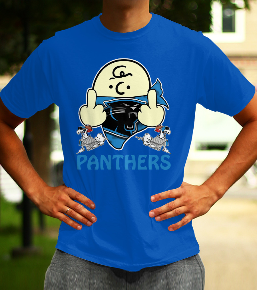 Carolina Panthers Bold Cartoon Character With Snoopy Imagery Middle Finger Salute T-Shirt