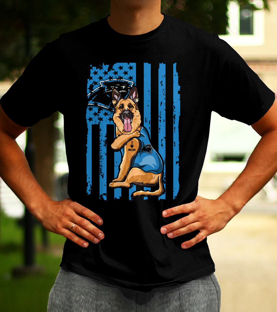 German Shepherd I Love Mom Carolina Panthers Blue American Flag T-Shirt