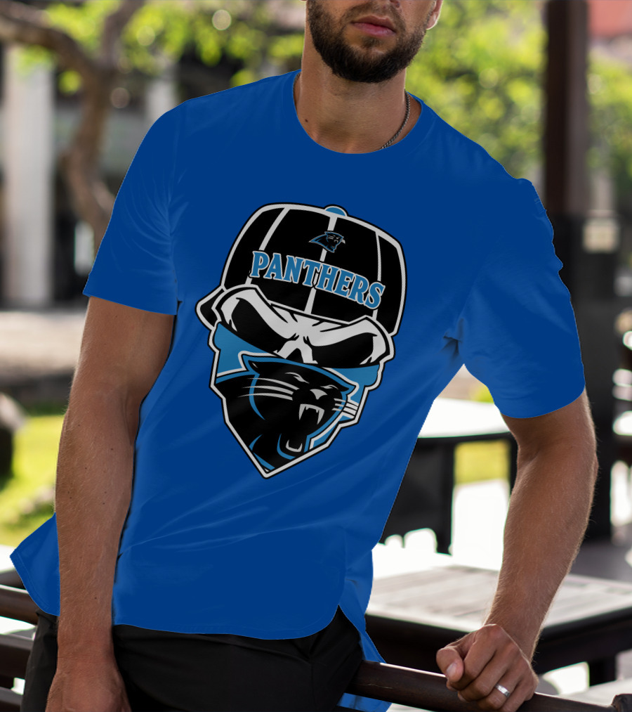 Carolina Panthers Logo And Skull With Bandana T-Shirt