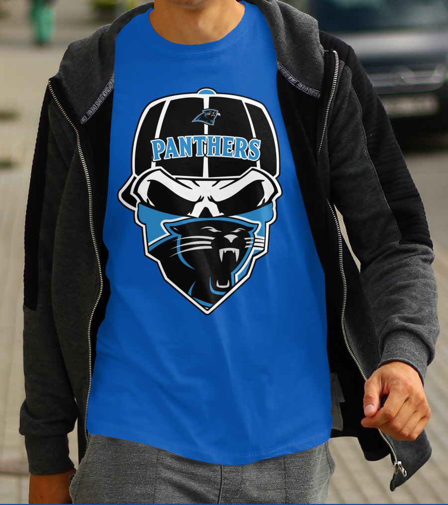 Carolina Panthers Logo And Skull With Bandana T-Shirt