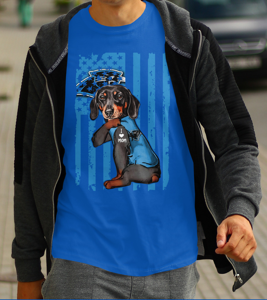 Dachshund I Love Mom Carolina Panthers Flag Stars T-Shirt