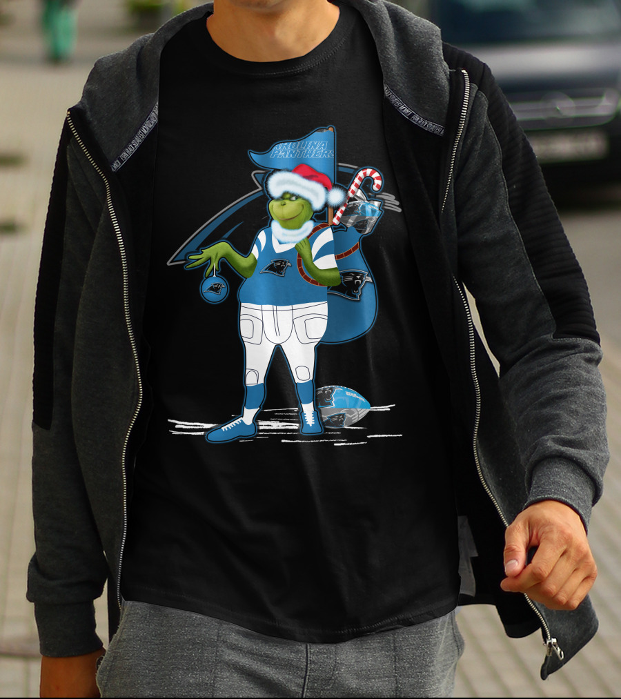 Grinchxmas Carolina Panthers Holiday Character In Team Gear Festive Football Santa Hat T-Shirt