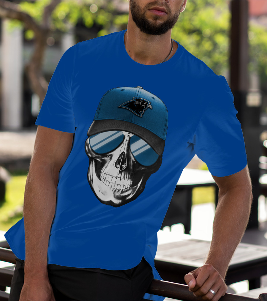 Skull Wearing Carolina Panthers Logo Hat With Reflective Sunglasses T-Shirt