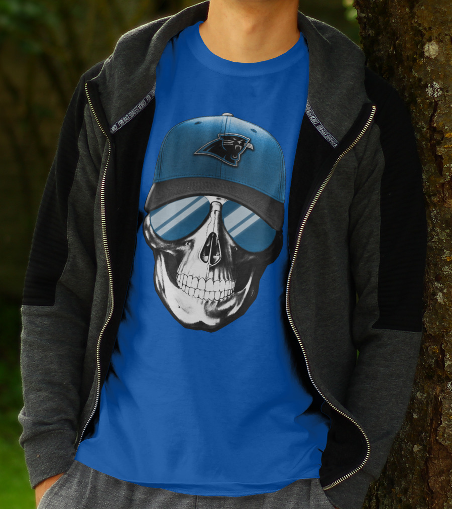 Skull Wearing Carolina Panthers Logo Hat With Reflective Sunglasses T-Shirt