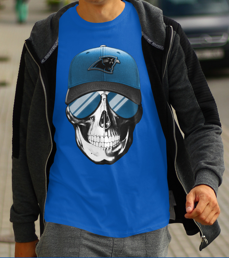 Skull Wearing Carolina Panthers Logo Hat With Reflective Sunglasses T-Shirt