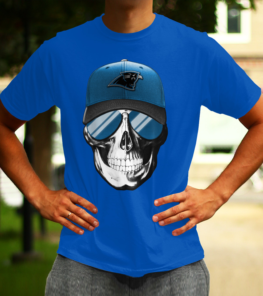 Skull Wearing Carolina Panthers Logo Hat With Reflective Sunglasses T-Shirt