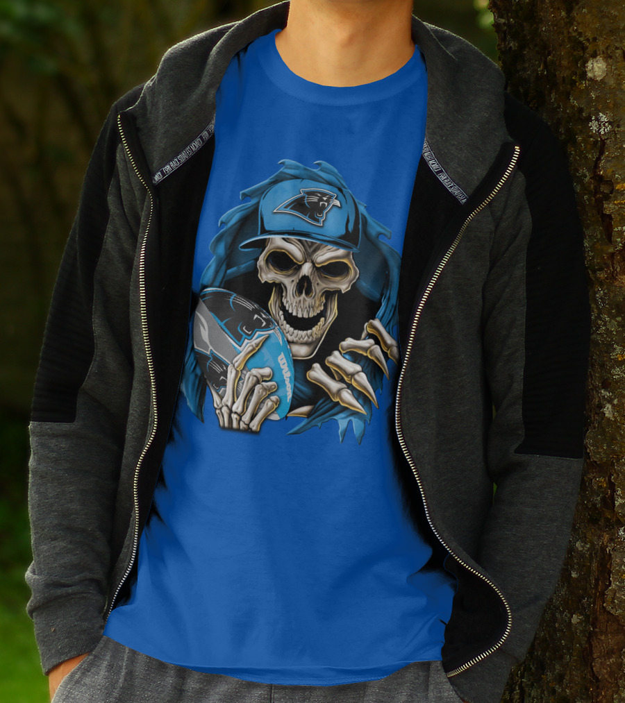 Skullbong Carolina Panthers Skeleton With Football And Team Cap T-Shirt