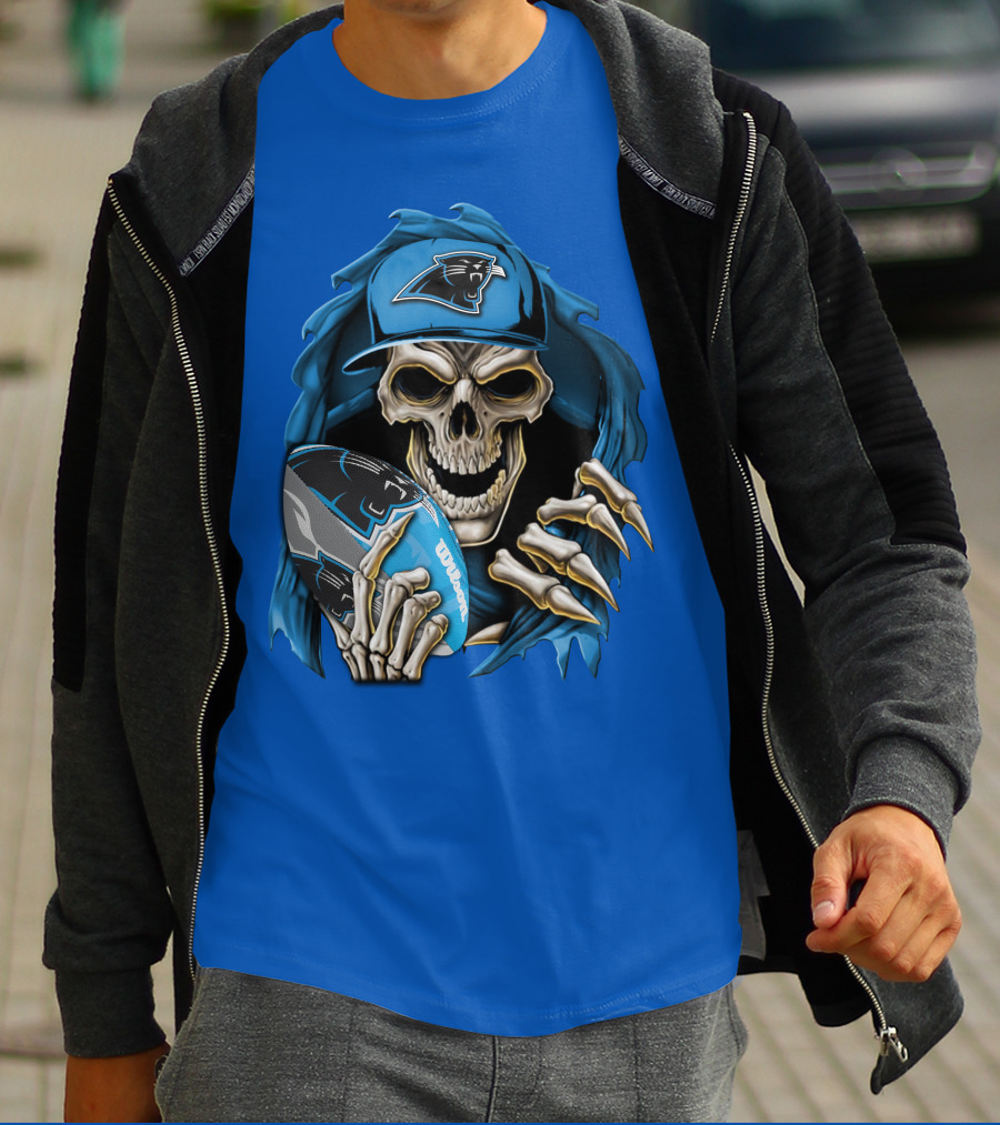 Skullbong Carolina Panthers Skeleton With Football And Team Cap T-Shirt