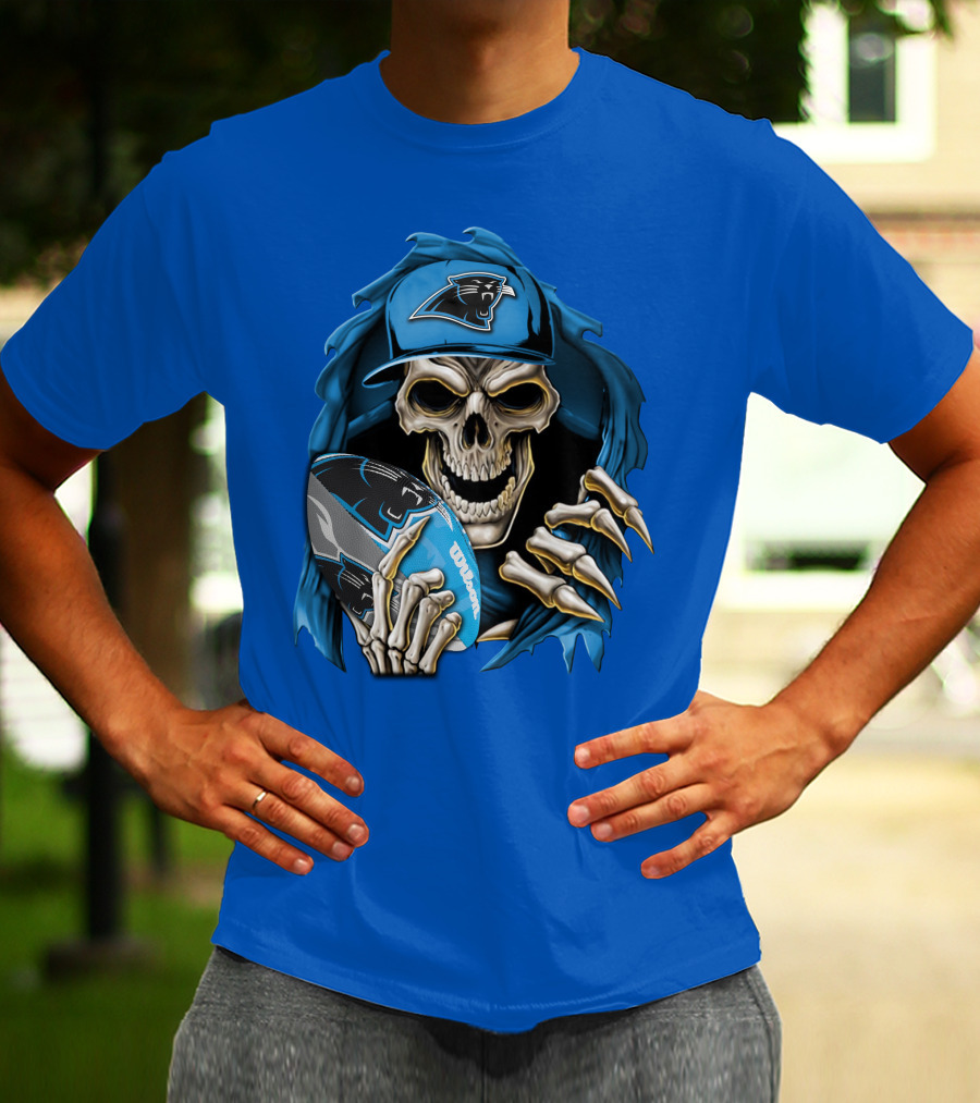 Skullbong Carolina Panthers Skeleton With Football And Team Cap T-Shirt