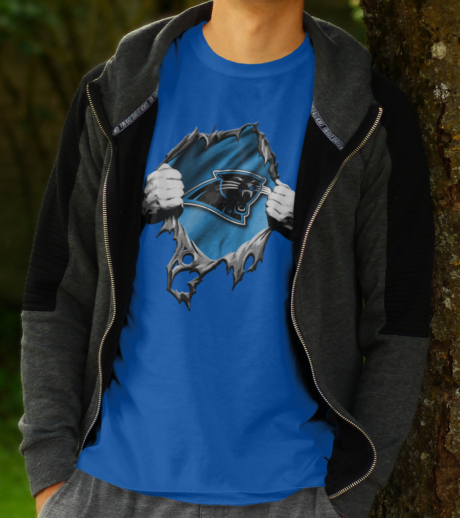 Torn Carolina Panthers Logo With Ripped Fabric And Clenched Hands T-Shirt