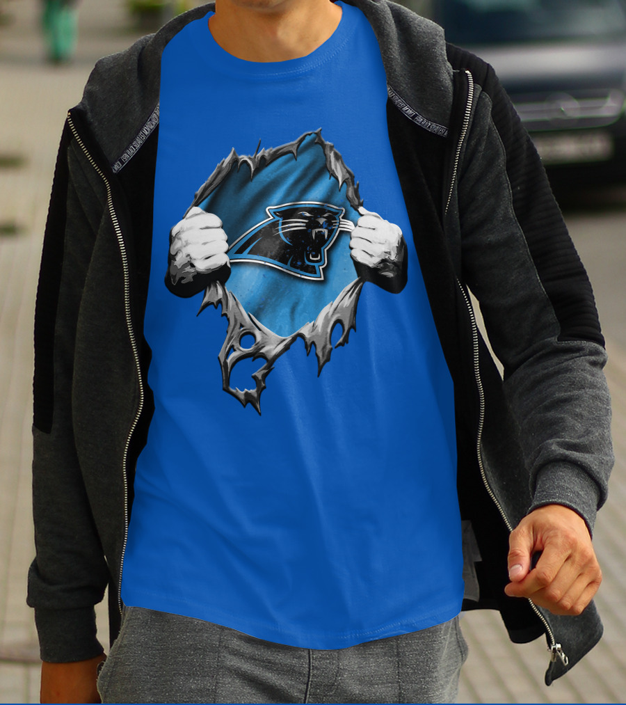 Torn Carolina Panthers Logo With Ripped Fabric And Clenched Hands T-Shirt