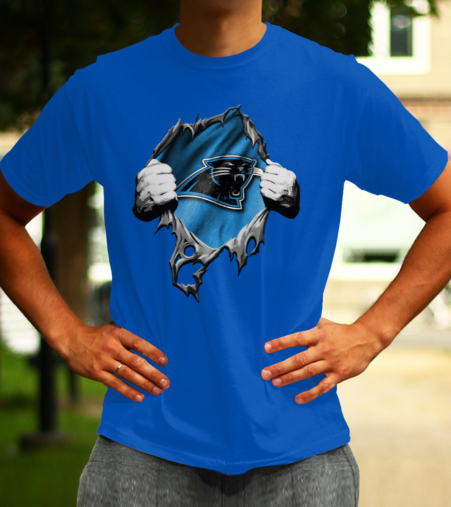 Torn Carolina Panthers Logo With Ripped Fabric And Clenched Hands T-Shirt