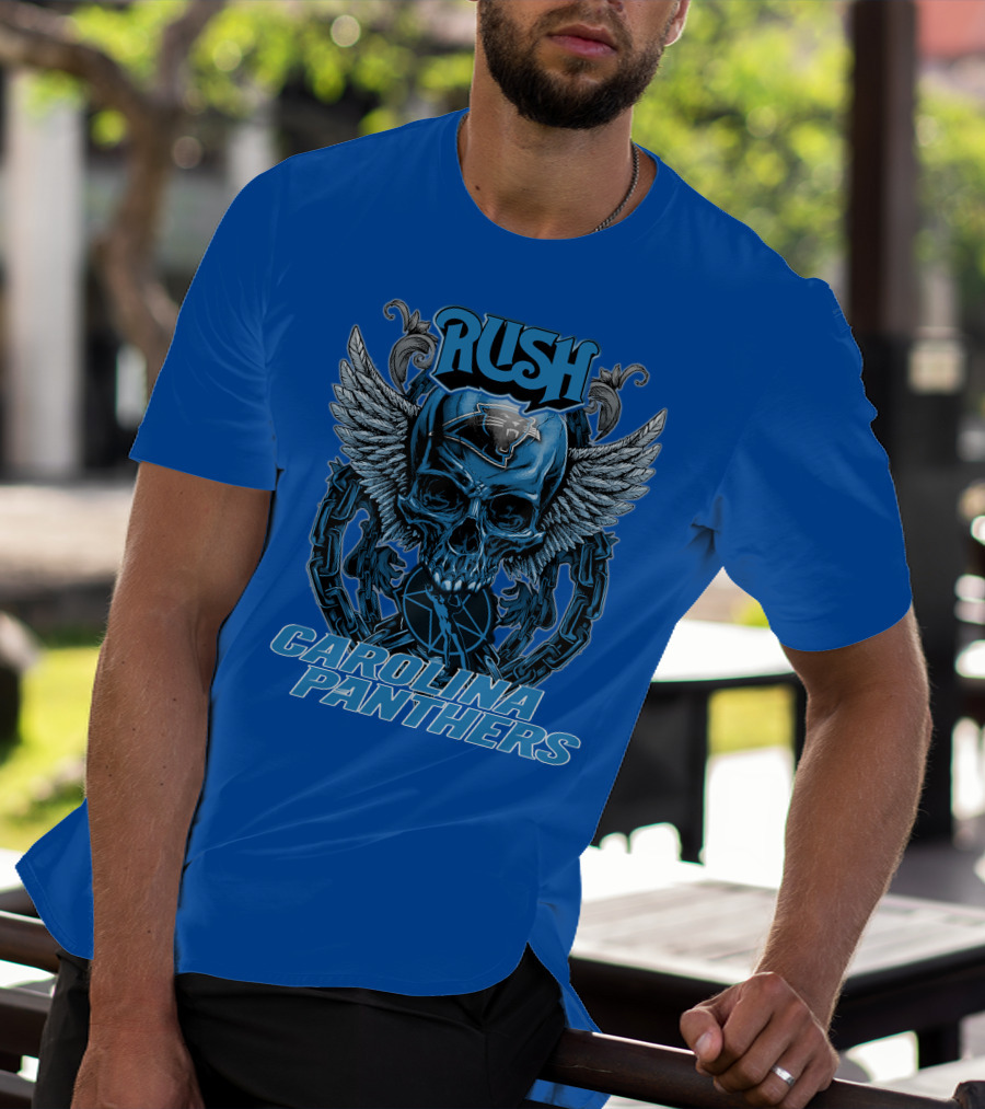 RUSH CAROLINA PANTHERS Skull Wings Helmet Chain T-Shirt