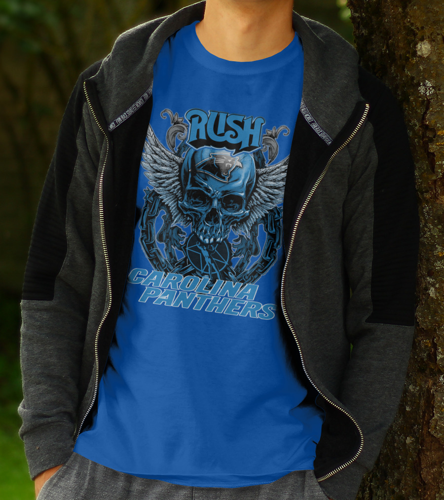 RUSH CAROLINA PANTHERS Skull Wings Helmet Chain T-Shirt