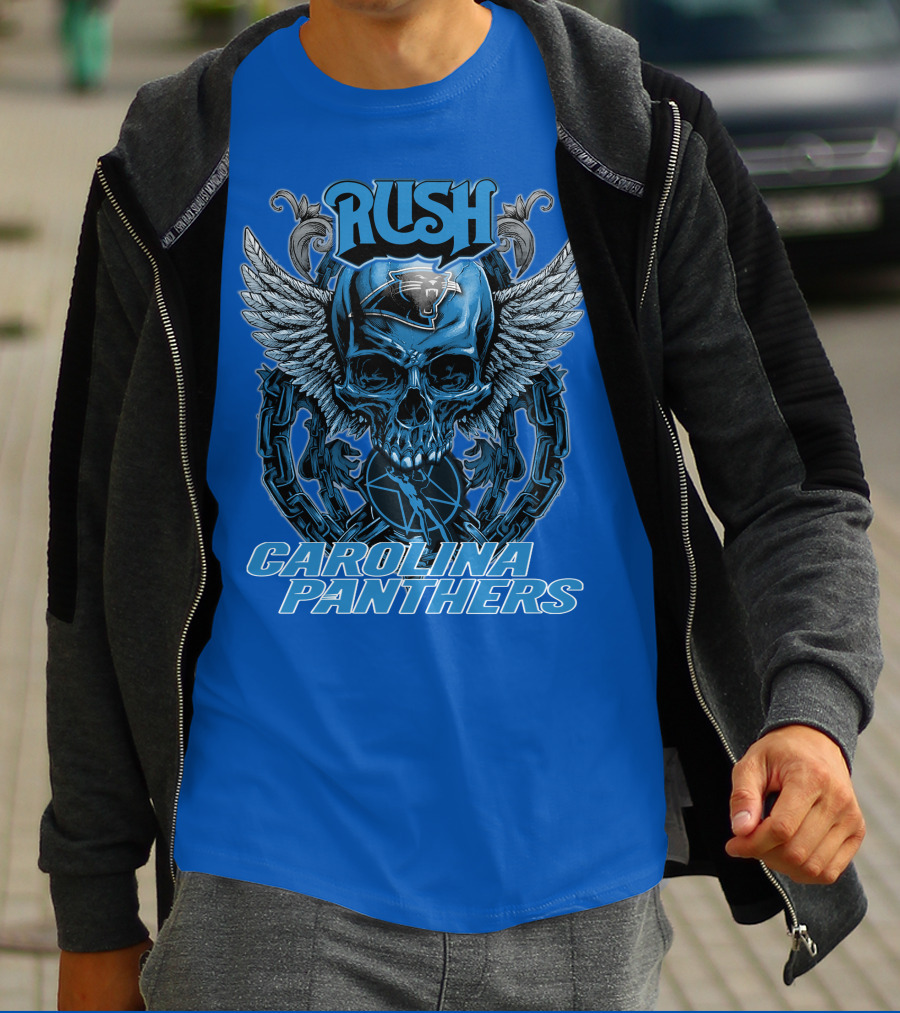 RUSH CAROLINA PANTHERS Skull Wings Helmet Chain T-Shirt