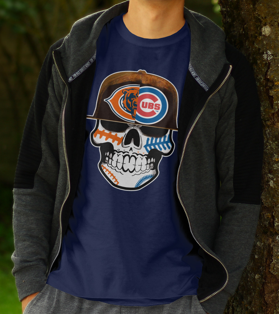 Chicago Bears Cubs Skull Cap Dual Logo Fusion T-Shirt