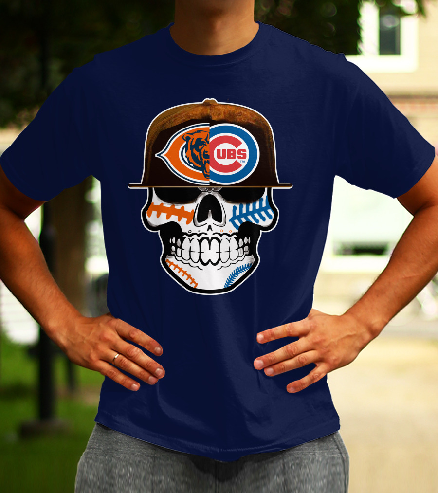 Chicago Bears Cubs Skull Cap Dual Logo Fusion T-Shirt