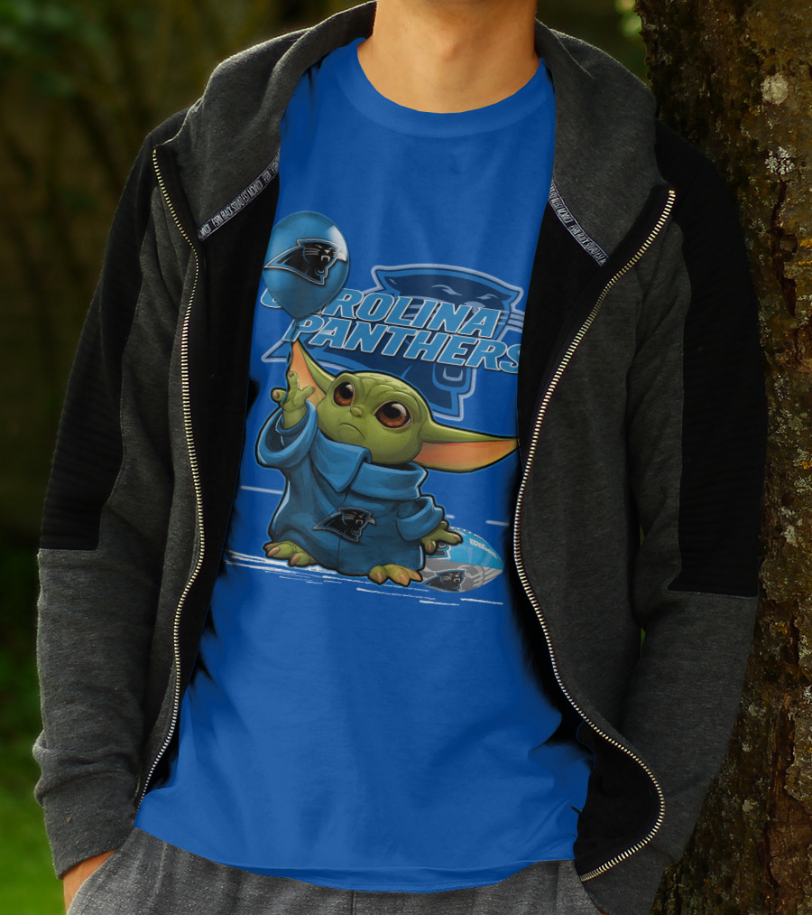 Yoda Carolina Panthers Football Fan With Logo And Baby Jedi T-Shirt