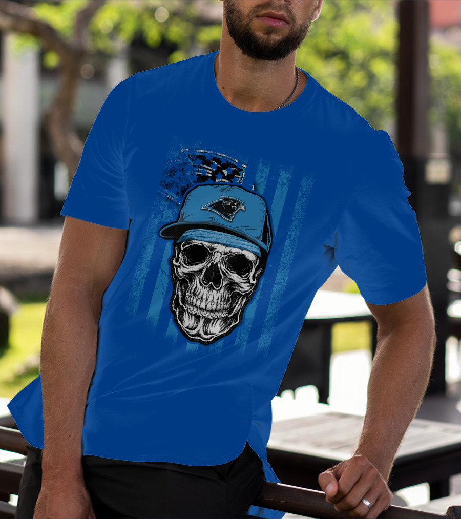 Skull With Carolina Panthers Cap And American Flag Elements T-Shirt