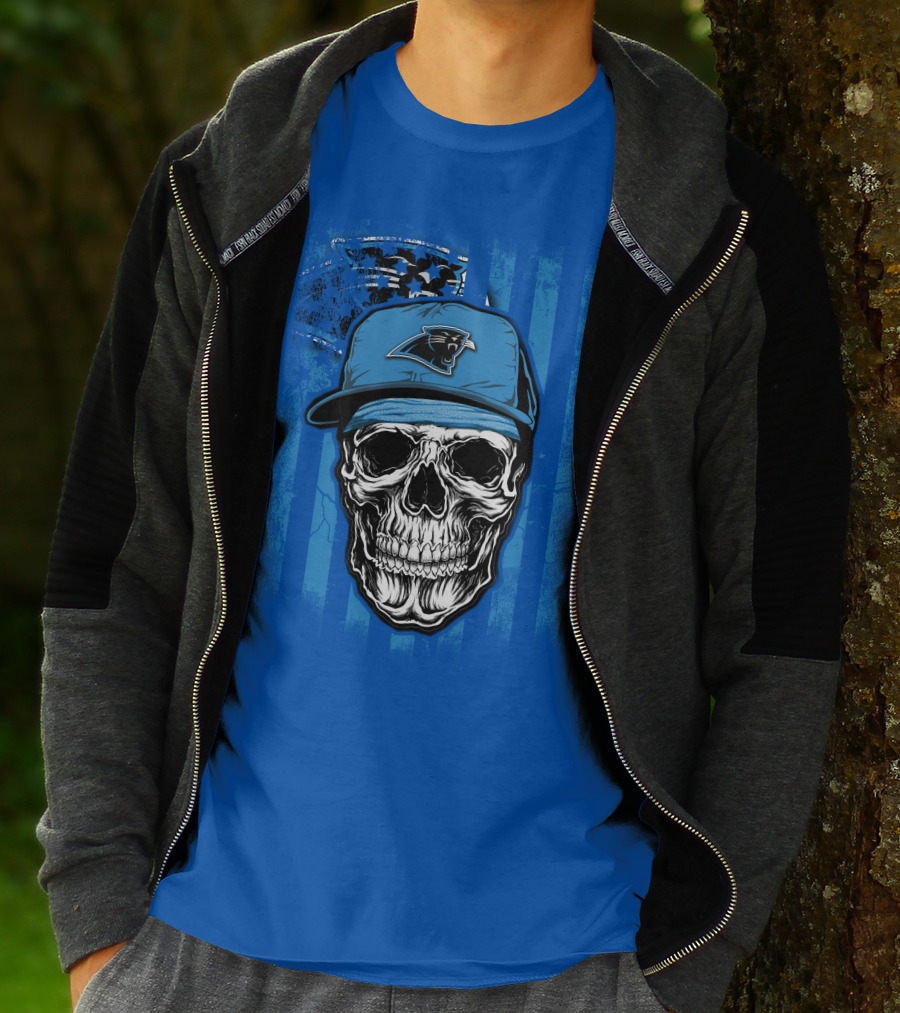 Skull With Carolina Panthers Cap And American Flag Elements T-Shirt