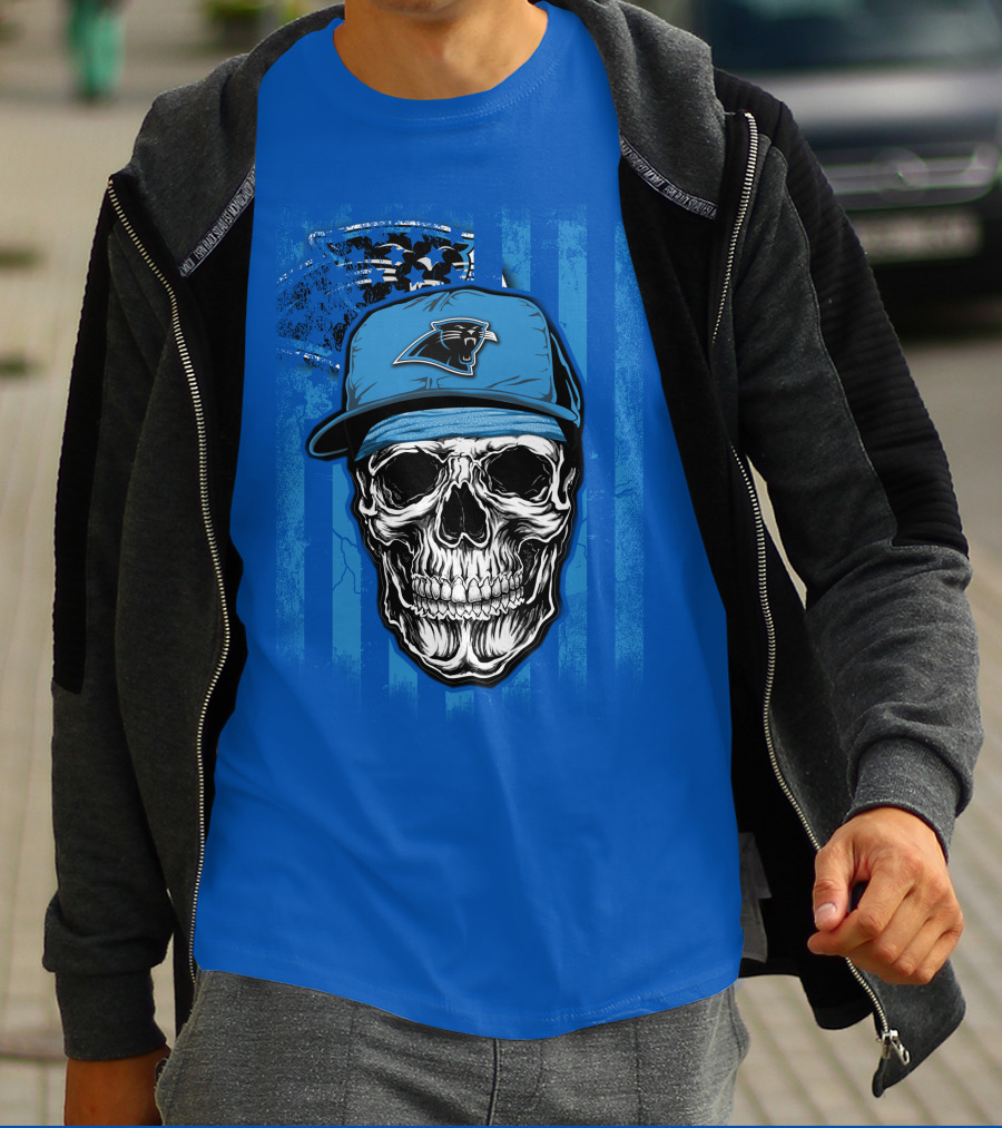 Skull With Carolina Panthers Cap And American Flag Elements T-Shirt