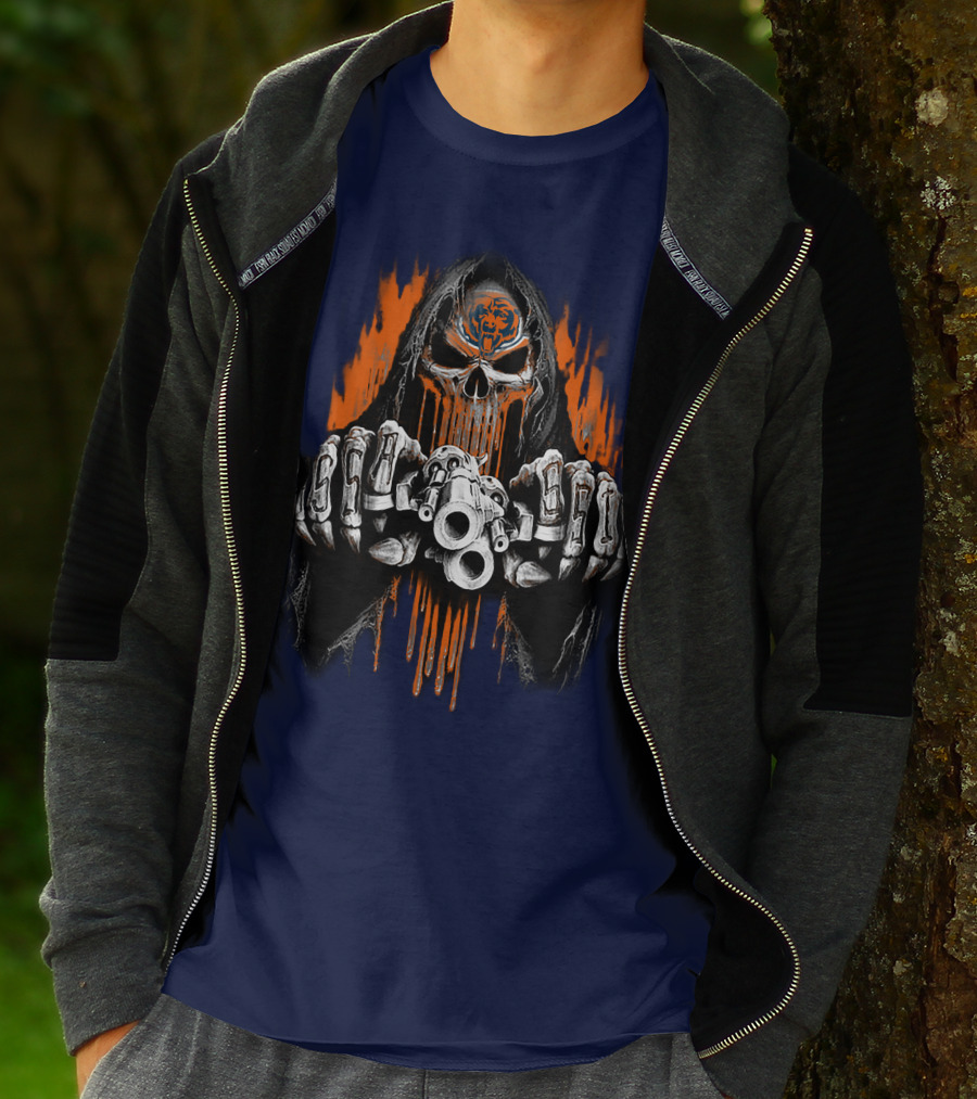 Chicago Bears Grim Reaper Skull With Orange Flames And Skull Knuckles T-Shirt