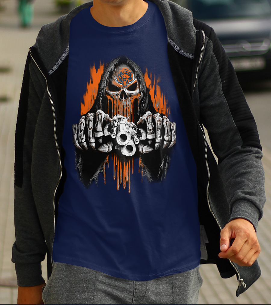 Chicago Bears Grim Reaper Skull With Orange Flames And Skull Knuckles T-Shirt