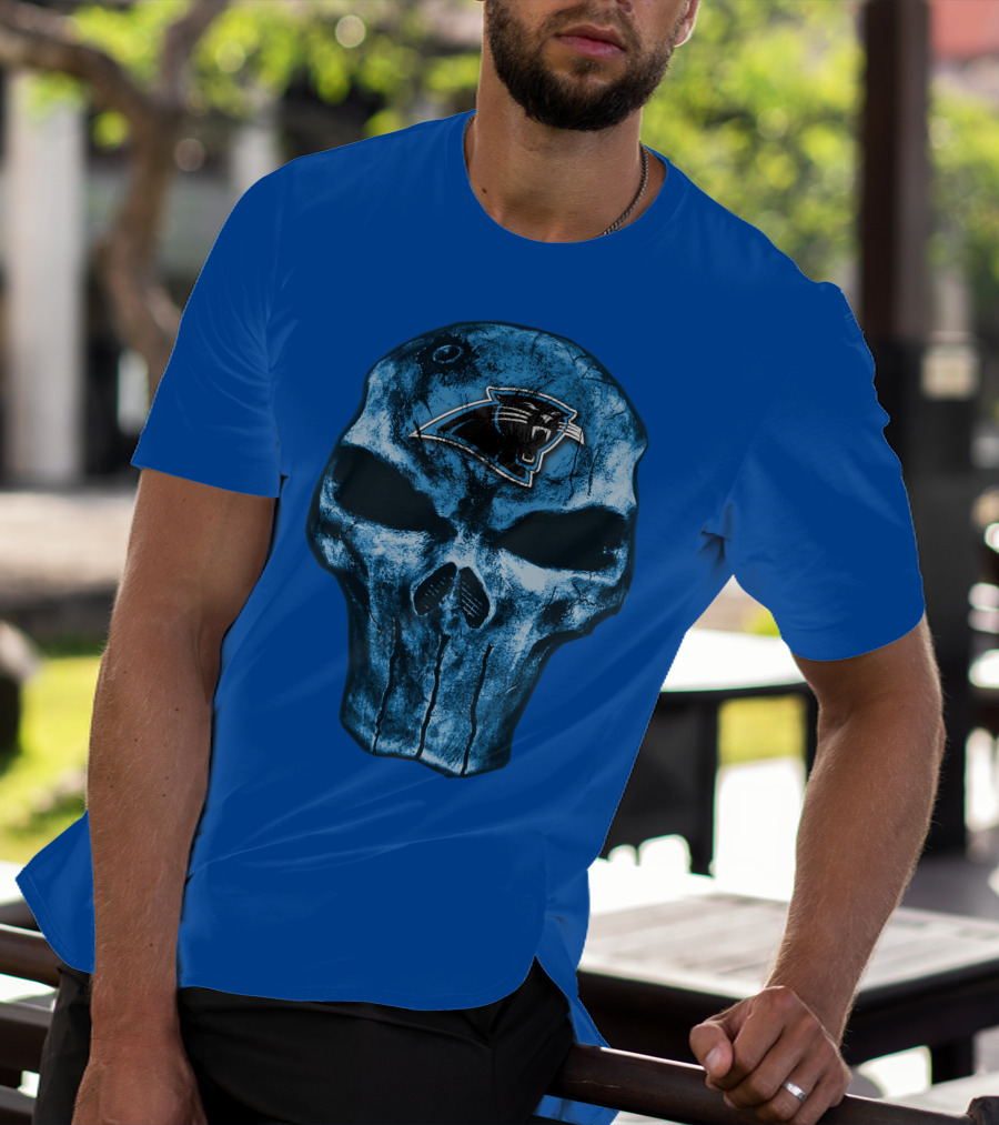Skull With Carolina Panthers Emblem On Blue T-Shirt
