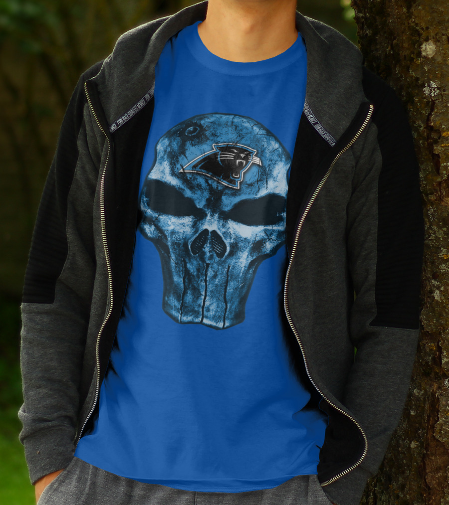 Skull With Carolina Panthers Emblem On Blue T-Shirt