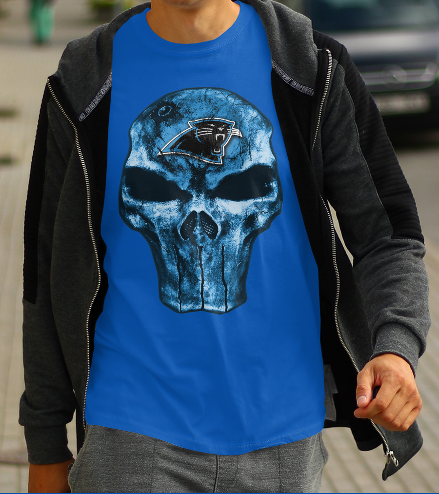 Skull With Carolina Panthers Emblem On Blue T-Shirt