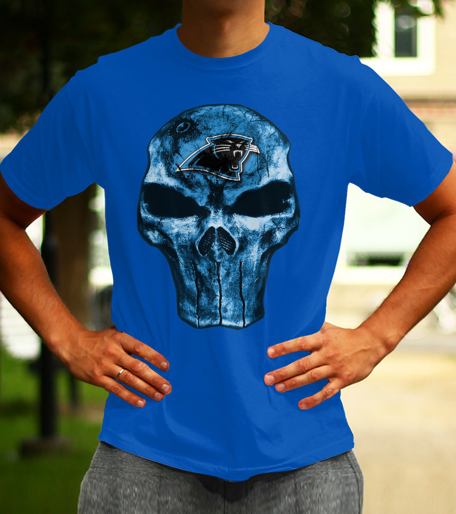 Skull With Carolina Panthers Emblem On Blue T-Shirt