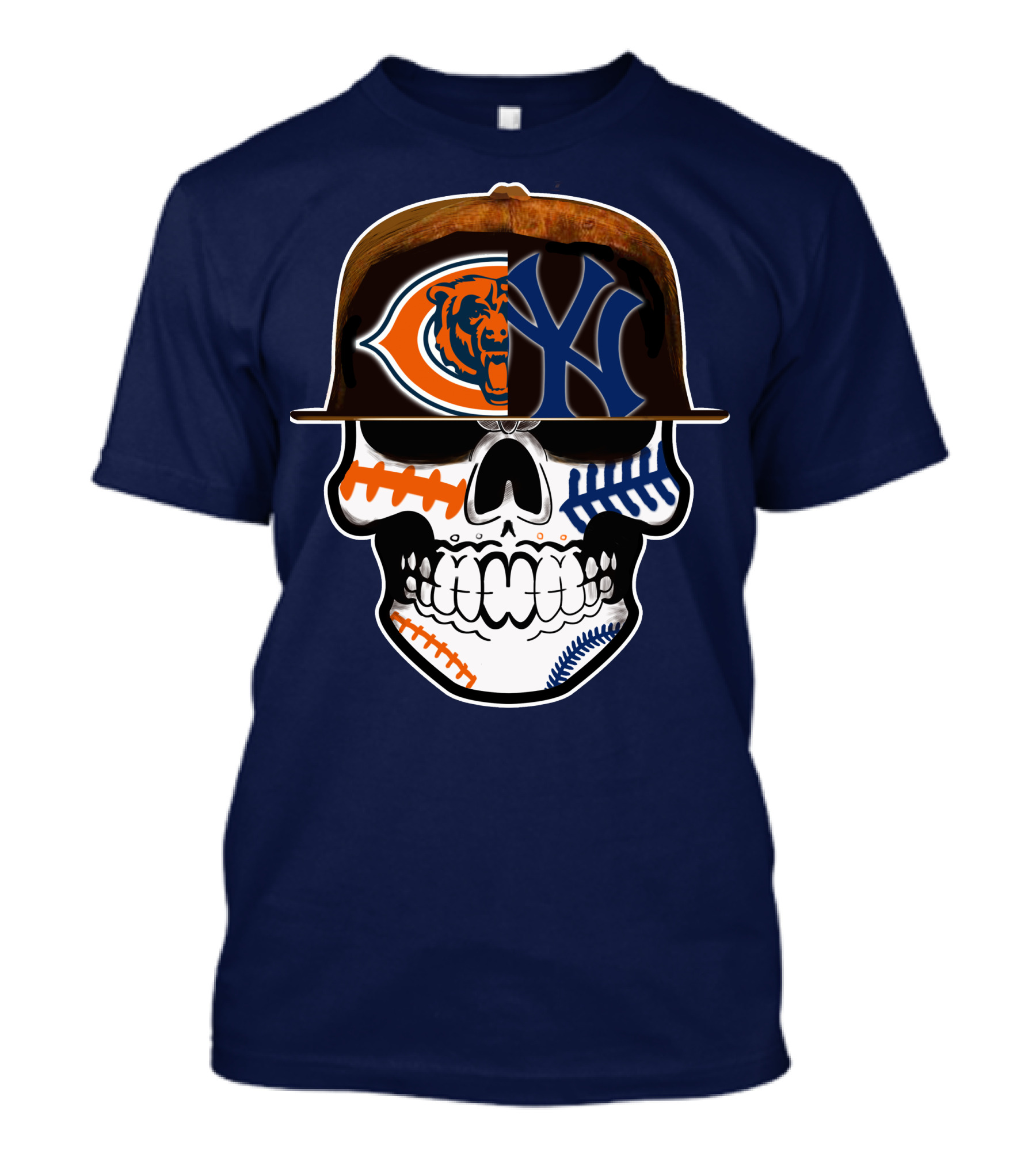 Chicago Bears Yankees Skull Football Baseball Fusion T-Shirt