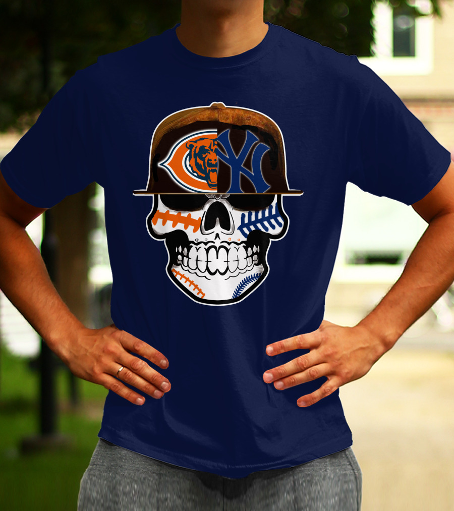 Chicago Bears Yankees Skull Football Baseball Fusion T-Shirt