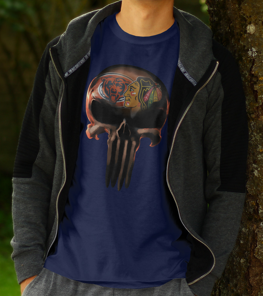 Chicago Bears 56 Skull Design With Nhl Blackhawks T-Shirt