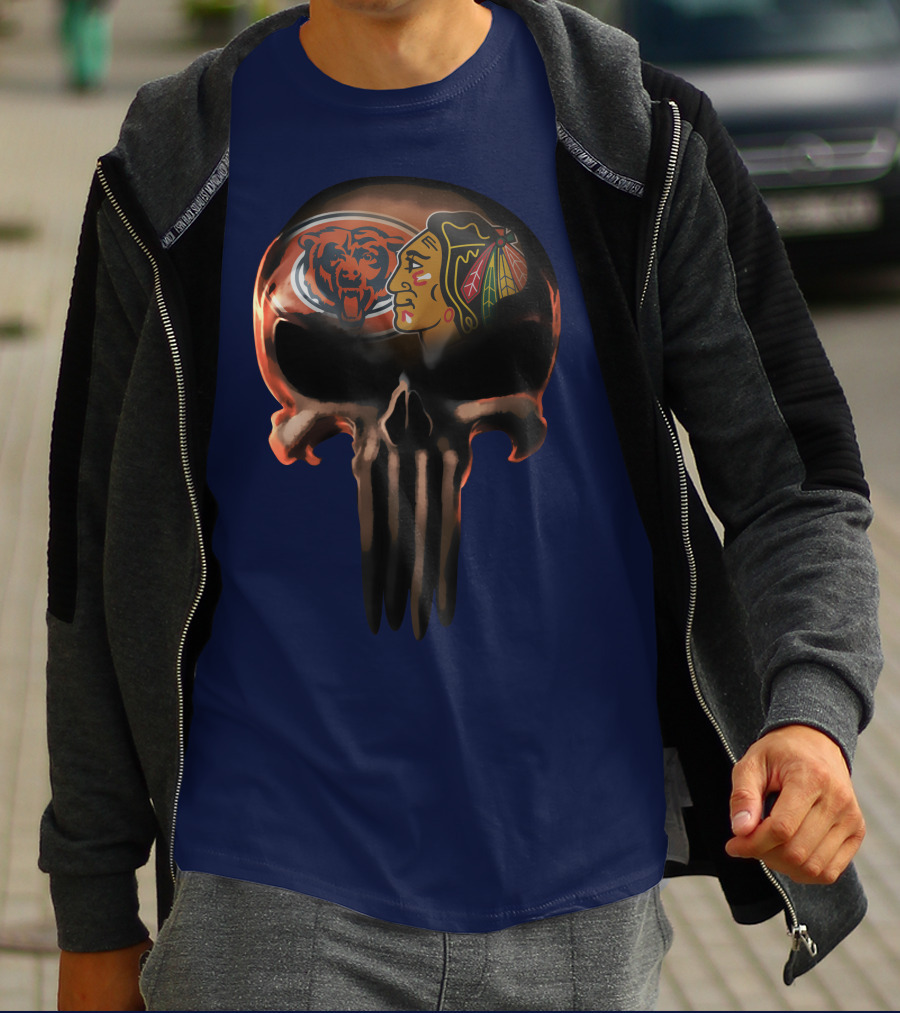 Chicago Bears 56 Skull Design With Nhl Blackhawks T-Shirt