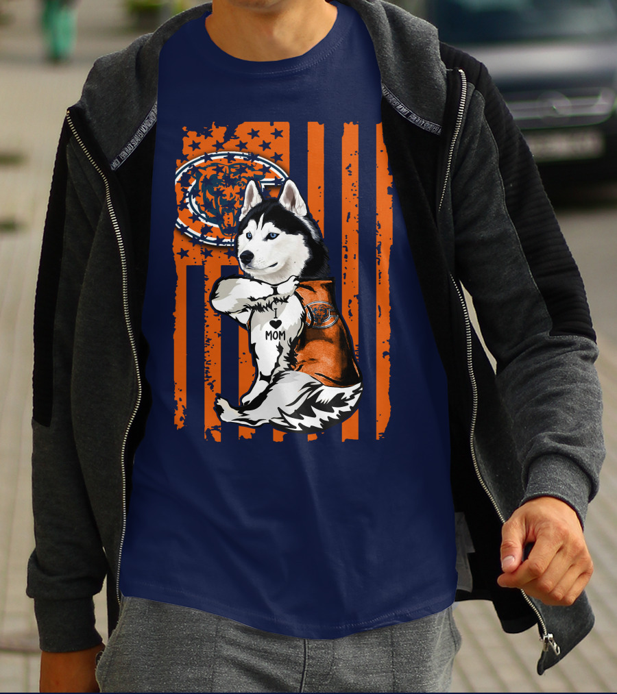 Siberian Husky Chicago Bears I Love Mom Flag T-Shirt